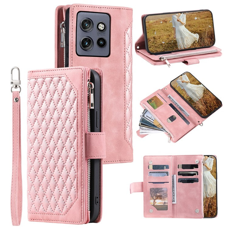 Style 005 For Motorola Edge 50 Neo 5G / Moto S50 5G / Thinkphone 25 5G Wallet Case Rhombus Stitching Line PU Leather Phone Cover - Rose Gold
