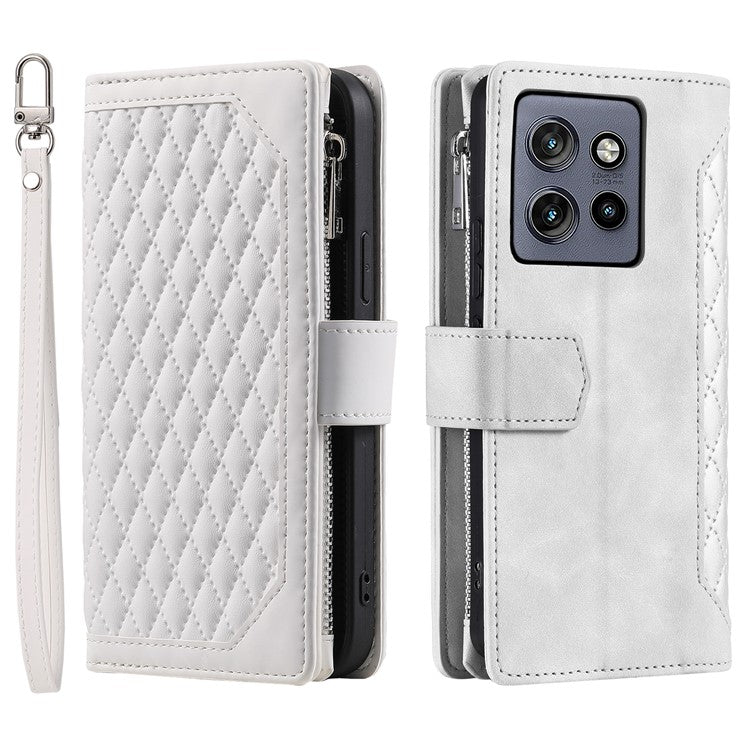 Style 005 For Motorola Edge 50 Neo 5G / Moto S50 5G / Thinkphone 25 5G Wallet Case Rhombus Stitching Line PU Leather Phone Cover - White