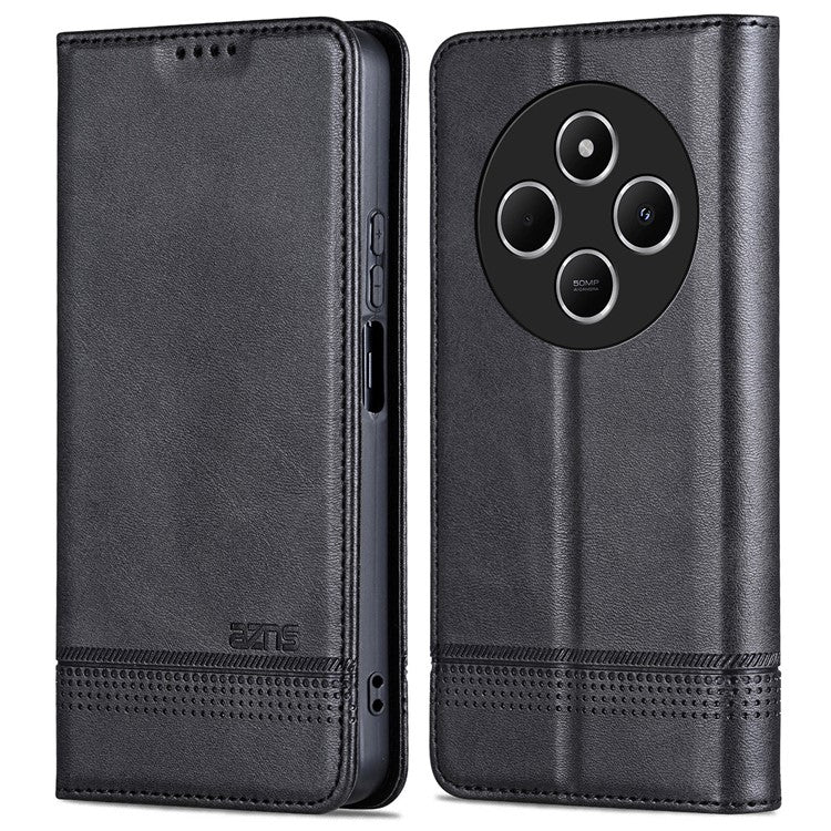 AZNS For Xiaomi Poco C75 4G / Redmi 14R 5G / 14C 4G Case Cowhide Texture PU Leather Wallet Phone Cover - Black
