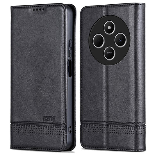 AZNS For Xiaomi Poco C75 4G / Redmi 14R 5G / 14C 4G Case Cowhide Texture PU Leather Wallet Phone Cover - Black
