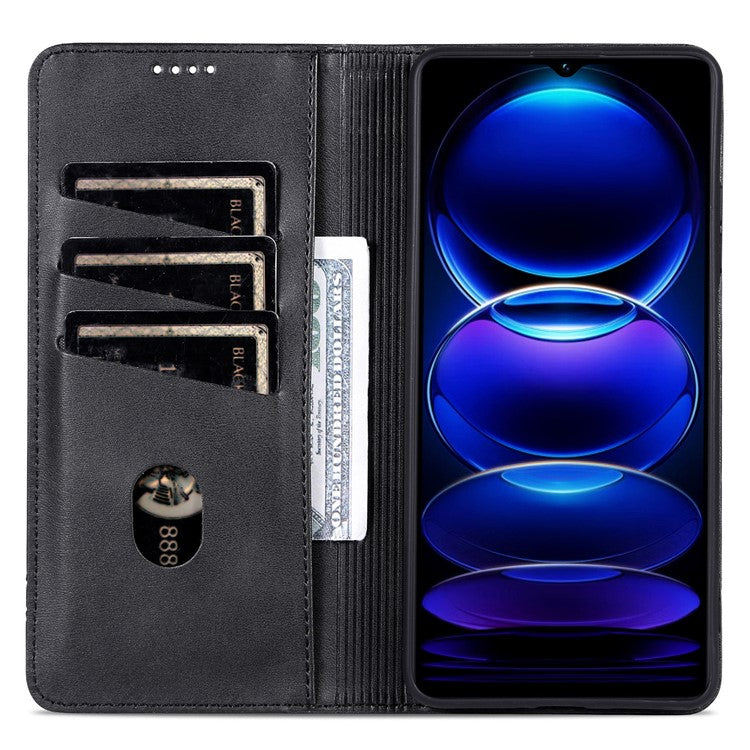 AZNS For Xiaomi Poco C75 4G / Redmi 14R 5G / 14C 4G Case Cowhide Texture PU Leather Wallet Phone Cover - Black