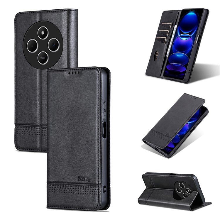 AZNS For Xiaomi Poco C75 4G / Redmi 14R 5G / 14C 4G Case Cowhide Texture PU Leather Wallet Phone Cover - Black
