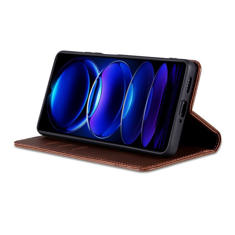 AZNS For Xiaomi Poco C75 4G / Redmi 14R 5G / 14C 4G Case Cowhide Texture PU Leather Wallet Phone Cover - Coffee