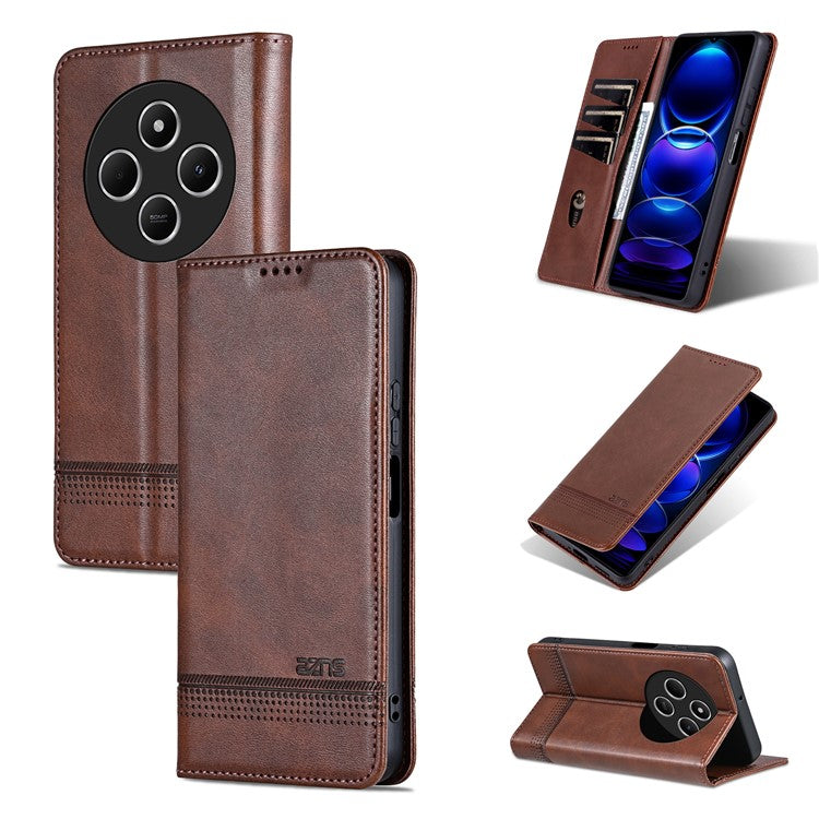 AZNS For Xiaomi Poco C75 4G / Redmi 14R 5G / 14C 4G Case Cowhide Texture PU Leather Wallet Phone Cover - Coffee