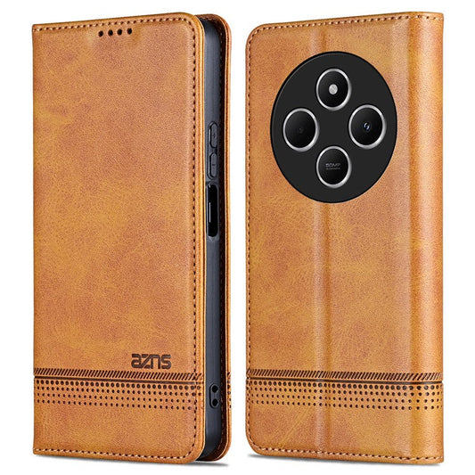 AZNS For Xiaomi Poco C75 4G / Redmi 14R 5G / 14C 4G Case Cowhide Texture PU Leather Wallet Phone Cover - Brown