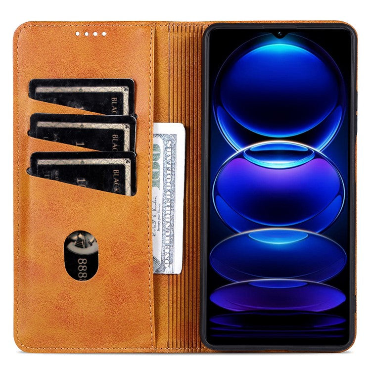AZNS For Xiaomi Poco C75 4G / Redmi 14R 5G / 14C 4G Case Cowhide Texture PU Leather Wallet Phone Cover - Brown