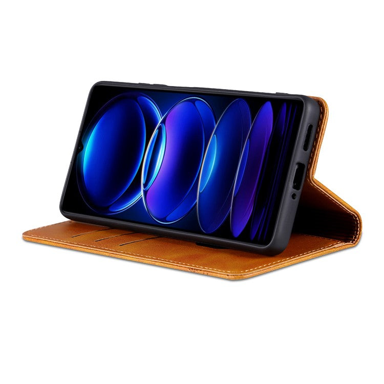 AZNS For Xiaomi Poco C75 4G / Redmi 14R 5G / 14C 4G Case Cowhide Texture PU Leather Wallet Phone Cover - Brown