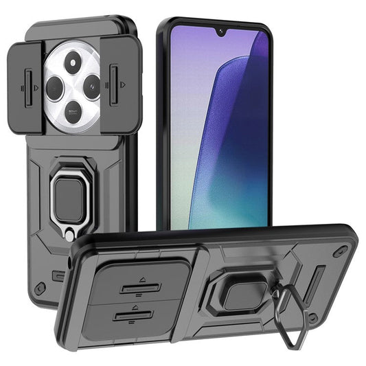 For Xiaomi Poco C75 4G / Redmi 14R 5G / 14C 4G Case PC+TPU Kickstand Phone Protector with Lens Cover - Black