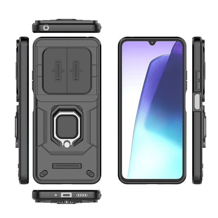 For Xiaomi Poco C75 4G / Redmi 14R 5G / 14C 4G Case PC+TPU Kickstand Phone Protector with Lens Cover - Black