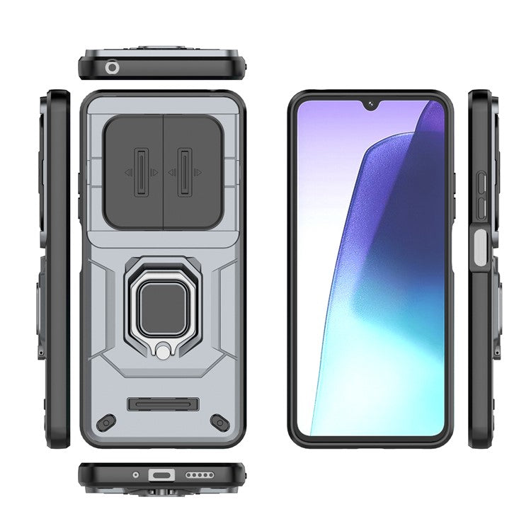 For Xiaomi Poco C75 4G / Redmi 14R 5G / 14C 4G Case PC+TPU Kickstand Phone Protector with Lens Cover - Grey