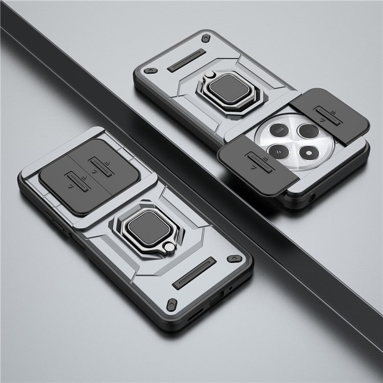 For Xiaomi Poco C75 4G / Redmi 14R 5G / 14C 4G Case PC+TPU Kickstand Phone Protector with Lens Cover - Grey