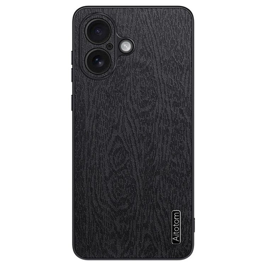 For iPhone 16 Plus Case Wood Texture PU Leather Coated PC+TPU Phone Cover - Black