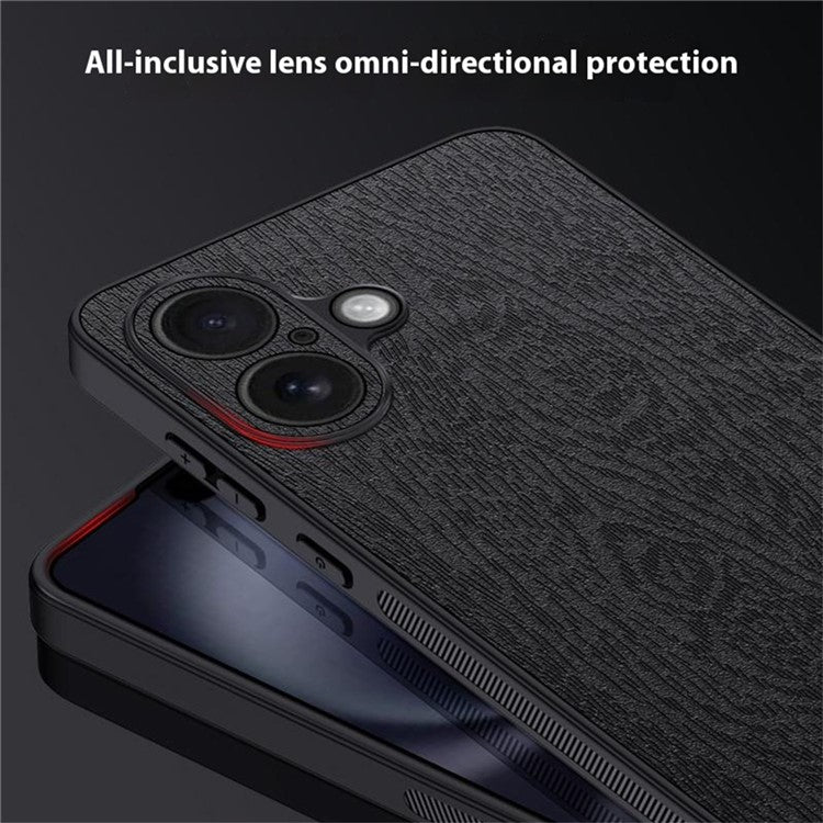For iPhone 16 Plus Case Wood Texture PU Leather Coated PC+TPU Phone Cover - Black