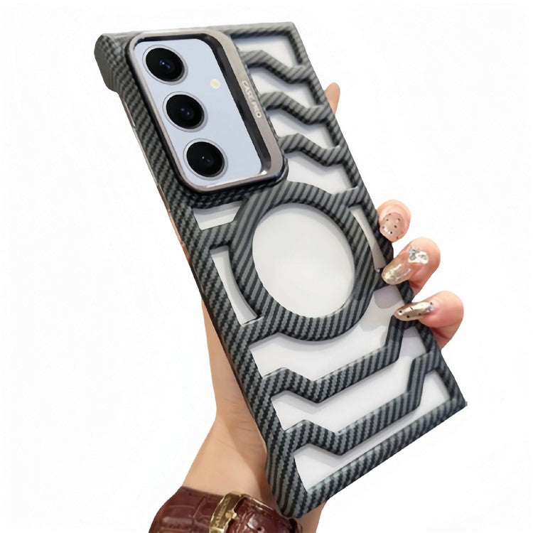 For Samsung Galaxy S24 Case Compatible with MagSafe Frameless Kickstand PC Phone Cover Carbon Fiber Texture - Grey