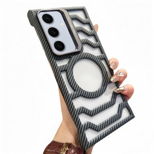 For Samsung Galaxy S24 Case Compatible with MagSafe Frameless Kickstand PC Phone Cover Carbon Fiber Texture - Grey