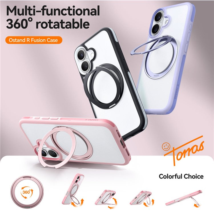 TORRAS Ostand R Fusion For iPhone 16 Plus Case 360 Degree Rotating Kickstand TPU+PC Phone Cover Compatible with MagSafe - Black