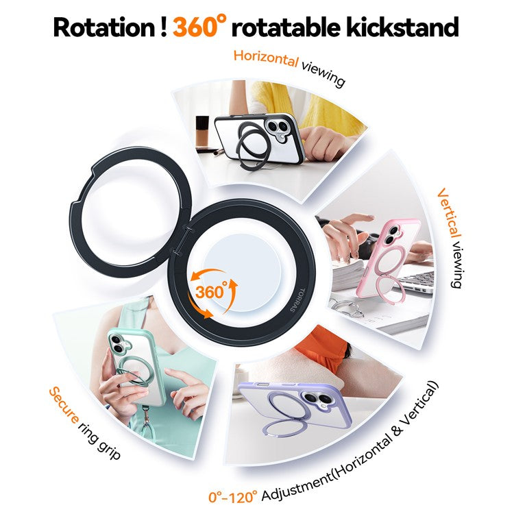 TORRAS Ostand R Fusion For iPhone 16 Plus Case 360 Degree Rotating Kickstand TPU+PC Phone Cover Compatible with MagSafe - Black