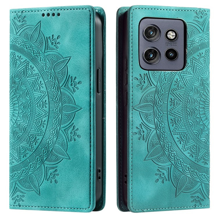 Style 010 For Motorola Edge 50 Neo 5G / Moto S50 5G / Thinkphone 25 5G Case Mandala Pattern Magnetic Closing Leather Phone Cover - Mint Green