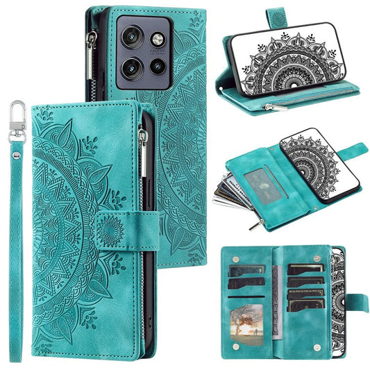 Style 006 For Motorola Edge 50 Neo 5G / Moto S50 5G / Thinkphone 25 5G Wallet Case PU Leather Phone Cover Mandala Flower Pattern - Mint Green