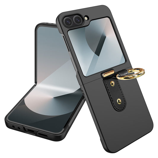 For Samsung Galaxy Z Flip7 FE 5G / Z Flip6 5G Case Skin-Touch Ring Holder Kickstand PC Phone Cover with Screen / Lens Film - Black