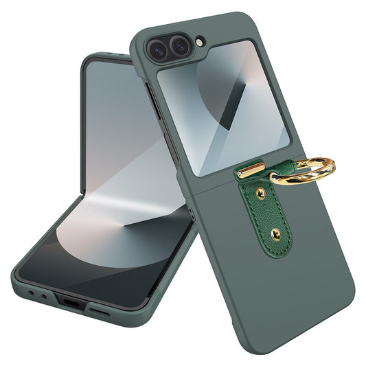 For Samsung Galaxy Z Flip7 FE 5G / Z Flip6 5G Case Skin-Touch Ring Holder Kickstand PC Phone Cover with Screen / Lens Film - Green