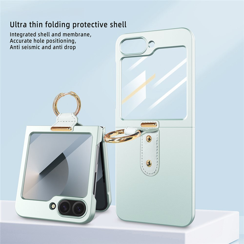 For Samsung Galaxy Z Flip7 FE 5G / Z Flip6 5G Case Skin-Touch Ring Holder Kickstand PC Phone Cover with Screen / Lens Film - Rose Gold