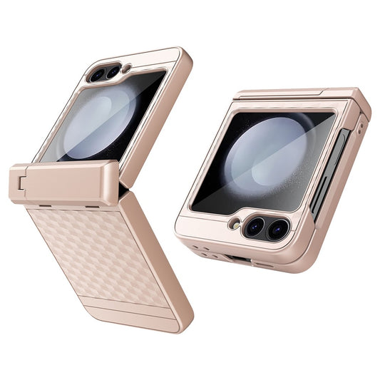 For Samsung Galaxy Z Flip7 FE 5G / Z Flip6 5G Case Cube Pattern Magnetic Spring Hinge Kickstand PC Phone Cover with Screen / Lens Film - Rose Gold