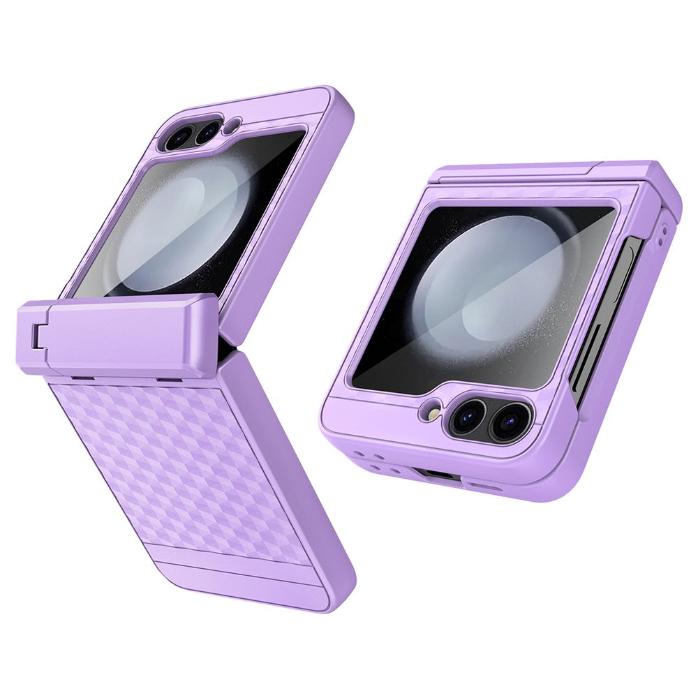 For Samsung Galaxy Z Flip7 FE 5G / Z Flip6 5G Case Cube Pattern Magnetic Spring Hinge Kickstand PC Phone Cover with Screen / Lens Film - Purple