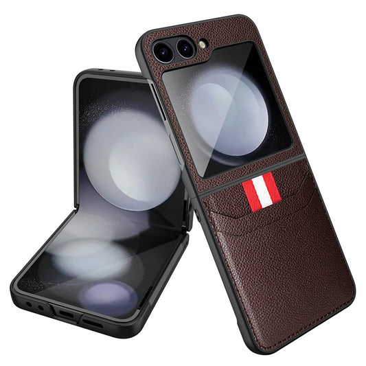 For Samsung Galaxy Z Flip7 FE 5G / Z Flip6 5G Case Litchi Texture PU+PC Phone Cover with Screen / Lens Film - Brown