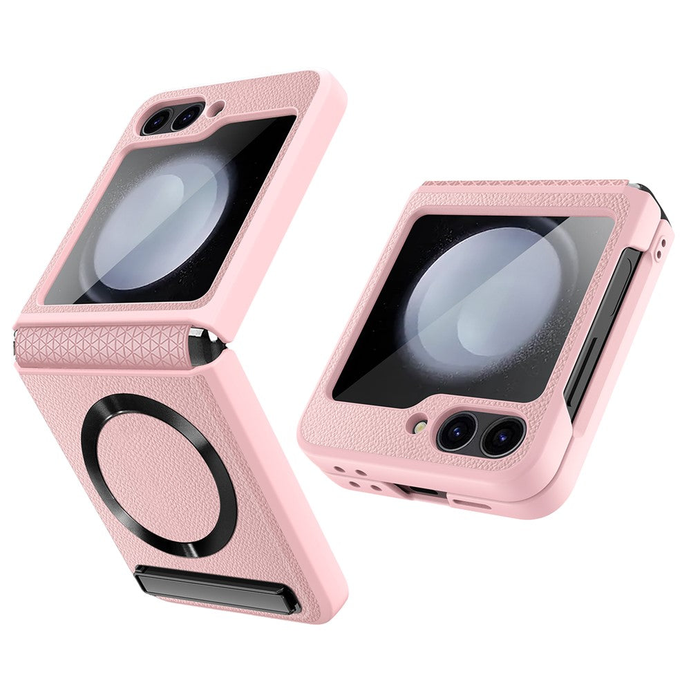 For Samsung Galaxy Z Flip7 FE 5G / Z Flip6 5G Case Compatible with MagSafe Kickstand PC+PU Phone Cover with Screen / Lens Film - Pink