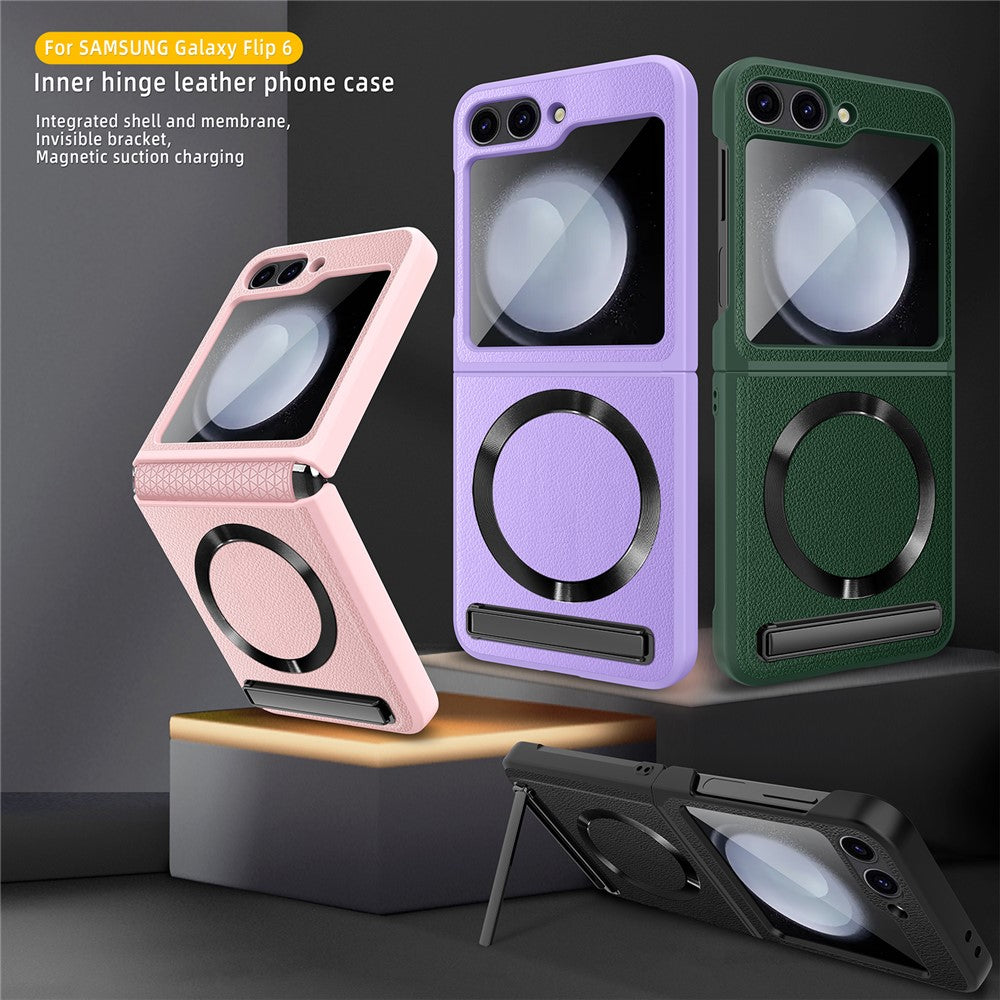 For Samsung Galaxy Z Flip7 FE 5G / Z Flip6 5G Case Compatible with MagSafe Kickstand PC+PU Phone Cover with Screen / Lens Film - Pink
