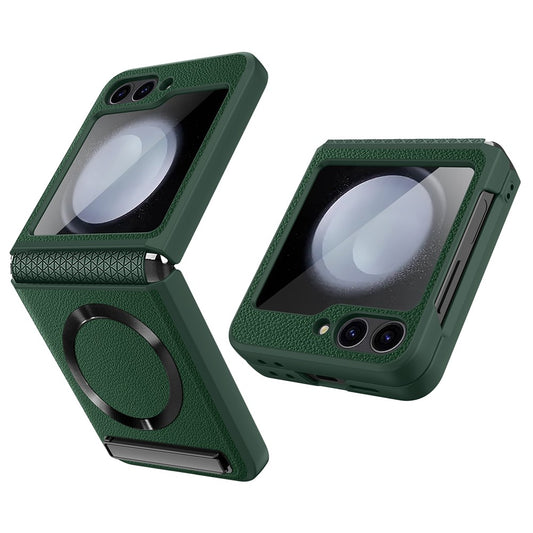 For Samsung Galaxy Z Flip7 FE 5G / Z Flip6 5G Case Compatible with MagSafe Kickstand PC+PU Phone Cover with Screen / Lens Film - Green