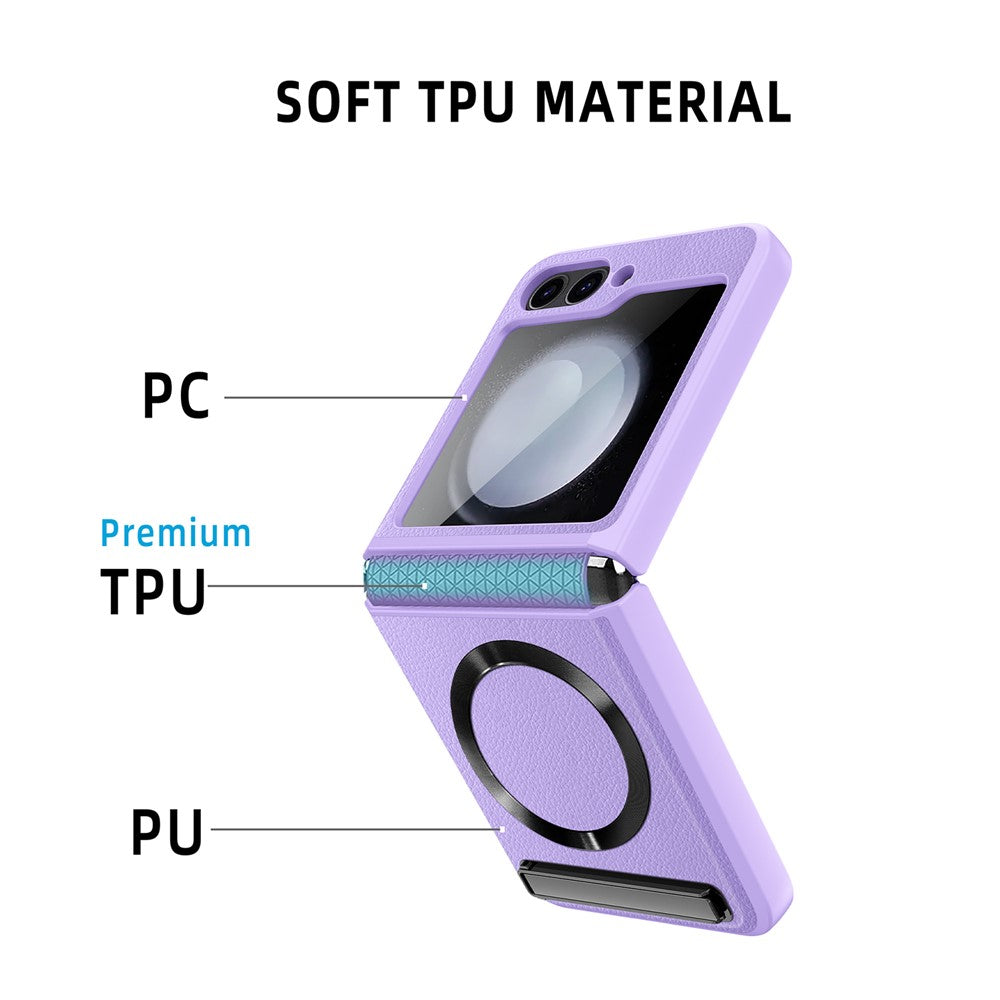 For Samsung Galaxy Z Flip7 FE 5G / Z Flip6 5G Case Compatible with MagSafe Kickstand PC+PU Phone Cover with Screen / Lens Film - Purple
