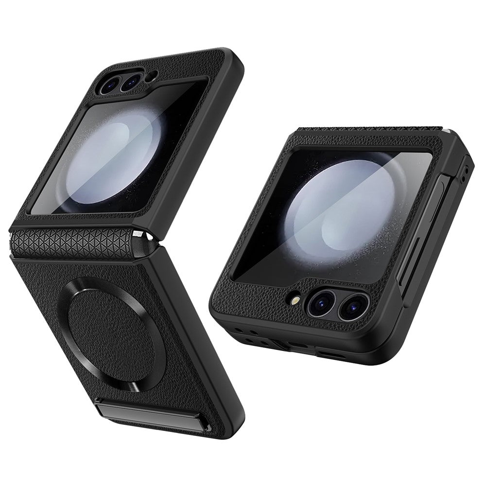 For Samsung Galaxy Z Flip7 FE 5G / Z Flip6 5G Case Compatible with MagSafe Kickstand PC+PU Phone Cover with Screen / Lens Film - Black