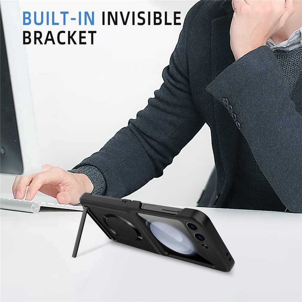 For Samsung Galaxy Z Flip7 FE 5G / Z Flip6 5G Case Compatible with MagSafe Kickstand PC+PU Phone Cover with Screen / Lens Film - Black
