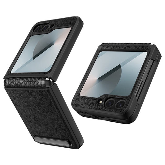 For Samsung Galaxy Z Flip6 5G Case Kickstand PC+PU Phone Cover with Screen / Lens Film - Black