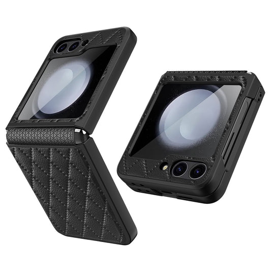 For Samsung Galaxy Z Flip7 FE 5G / Z Flip6 5G Case Rhombus Imprint PU+Hard PC Phone Cover with Screen / Lens Film - Black