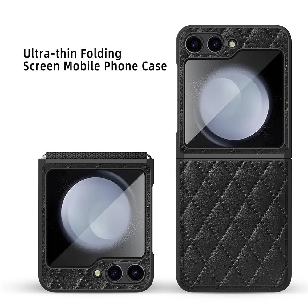 For Samsung Galaxy Z Flip7 FE 5G / Z Flip6 5G Case Rhombus Imprint PU+Hard PC Phone Cover with Screen / Lens Film - Black