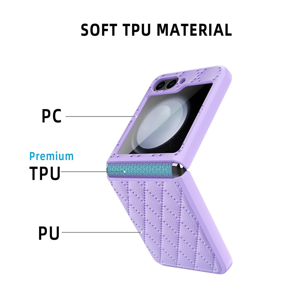 For Samsung Galaxy Z Flip7 FE 5G / Z Flip6 5G Case Rhombus Imprint PU+Hard PC Phone Cover with Screen / Lens Film - Black