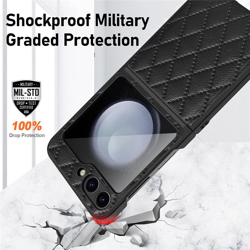 For Samsung Galaxy Z Flip7 FE 5G / Z Flip6 5G Case Rhombus Imprint PU+Hard PC Phone Cover with Screen / Lens Film - Black