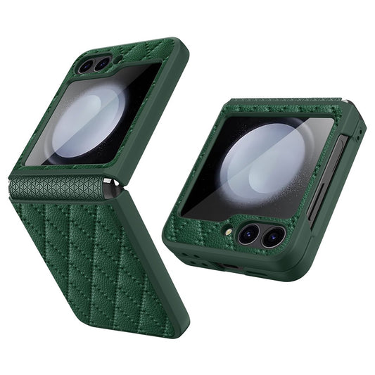 For Samsung Galaxy Z Flip7 FE 5G / Z Flip6 5G Case Rhombus Imprint PU+Hard PC Phone Cover with Screen / Lens Film - Green