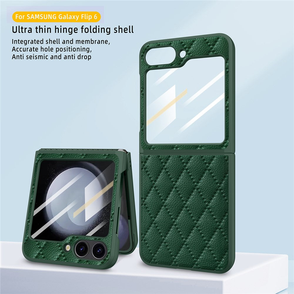 For Samsung Galaxy Z Flip7 FE 5G / Z Flip6 5G Case Rhombus Imprint PU+Hard PC Phone Cover with Screen / Lens Film - Green