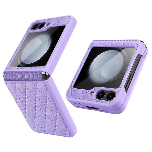 For Samsung Galaxy Z Flip7 FE 5G / Z Flip6 5G Case Rhombus Imprint PU+Hard PC Phone Cover with Screen / Lens Film - Purple