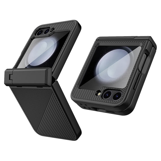 For Samsung Galaxy Z Flip7 FE 5G / Z Flip6 5G Case Twill Texture Magnetic Spring Hinge Kickstand PC Phone Cover with Screen / Lens Film - Black