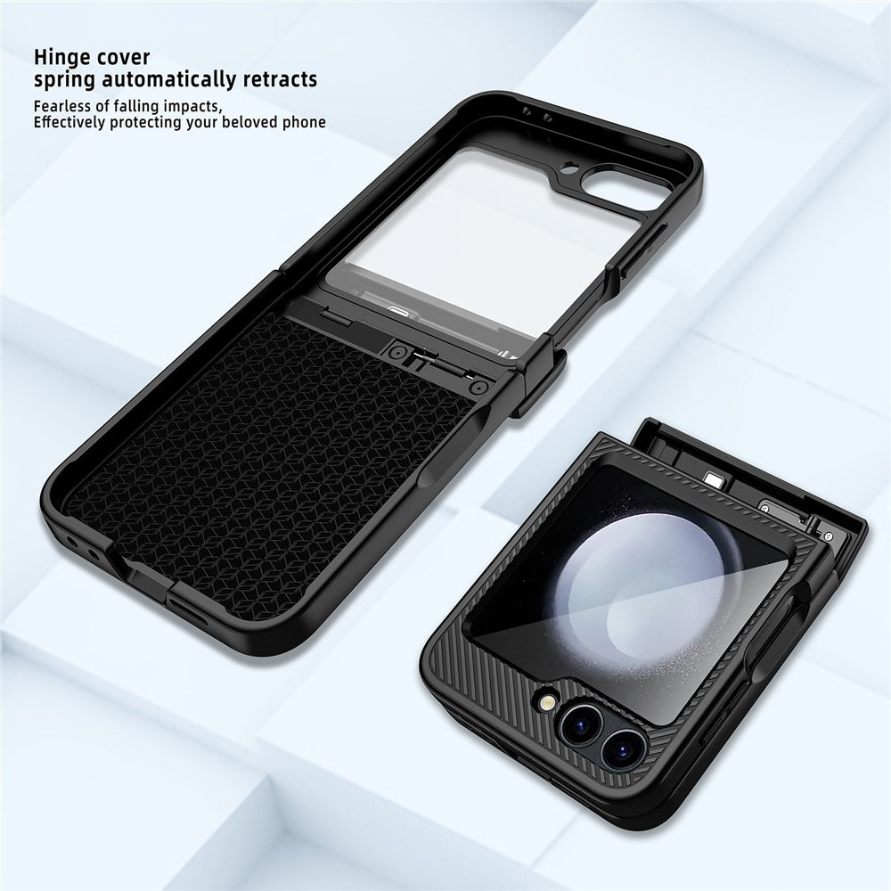 For Samsung Galaxy Z Flip7 FE 5G / Z Flip6 5G Case Twill Texture Magnetic Spring Hinge Kickstand PC Phone Cover with Screen / Lens Film - Black