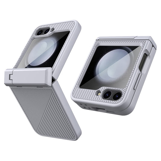 For Samsung Galaxy Z Flip7 FE 5G / Z Flip6 5G Case Twill Texture Magnetic Spring Hinge Kickstand PC Phone Cover with Screen / Lens Film - Grey