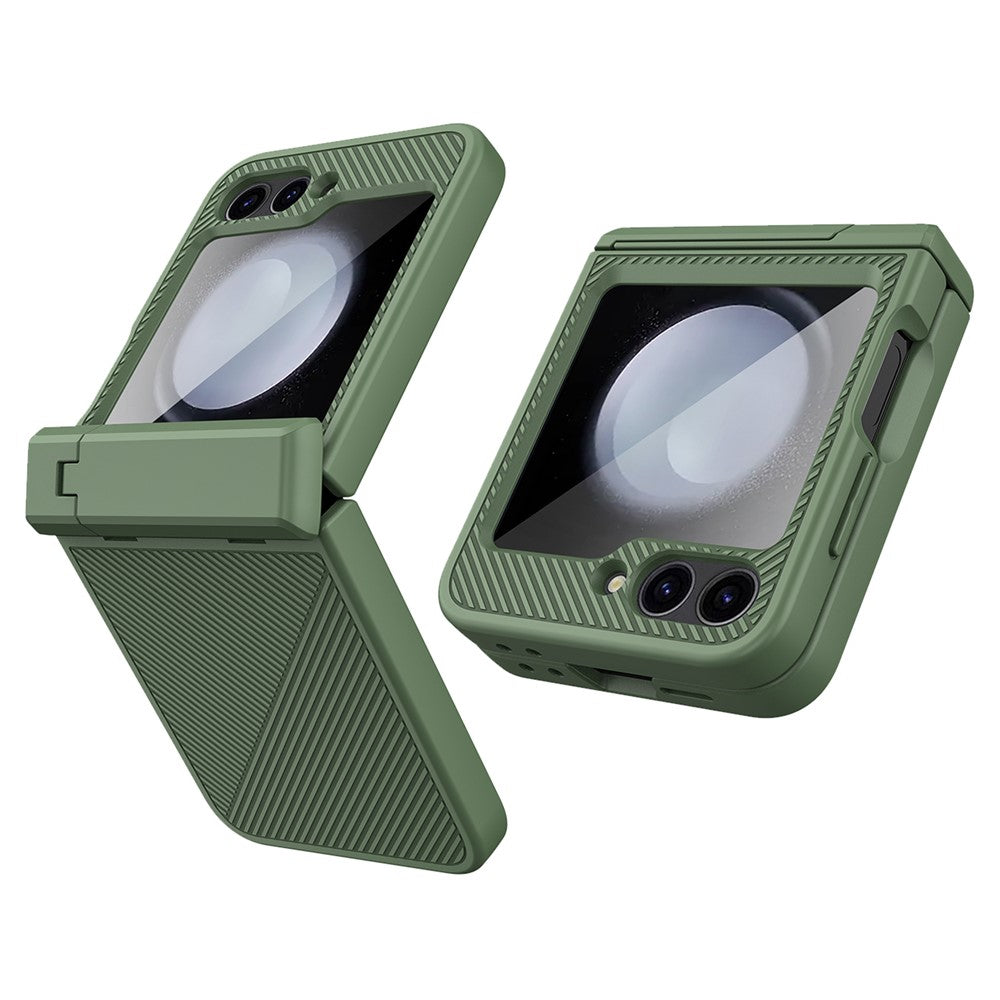 For Samsung Galaxy Z Flip7 FE 5G / Z Flip6 5G Case Twill Texture Magnetic Spring Hinge Kickstand PC Phone Cover with Screen / Lens Film - Green