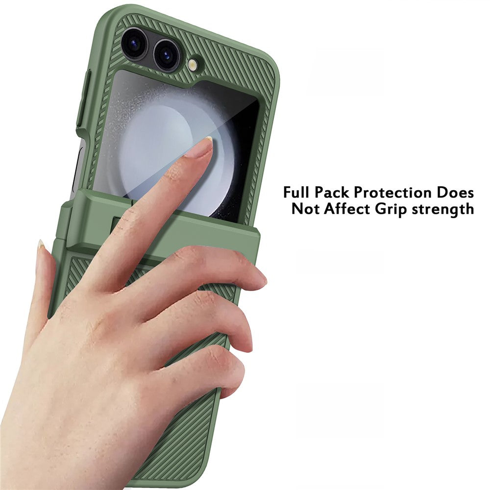 For Samsung Galaxy Z Flip7 FE 5G / Z Flip6 5G Case Twill Texture Magnetic Spring Hinge Kickstand PC Phone Cover with Screen / Lens Film - Green