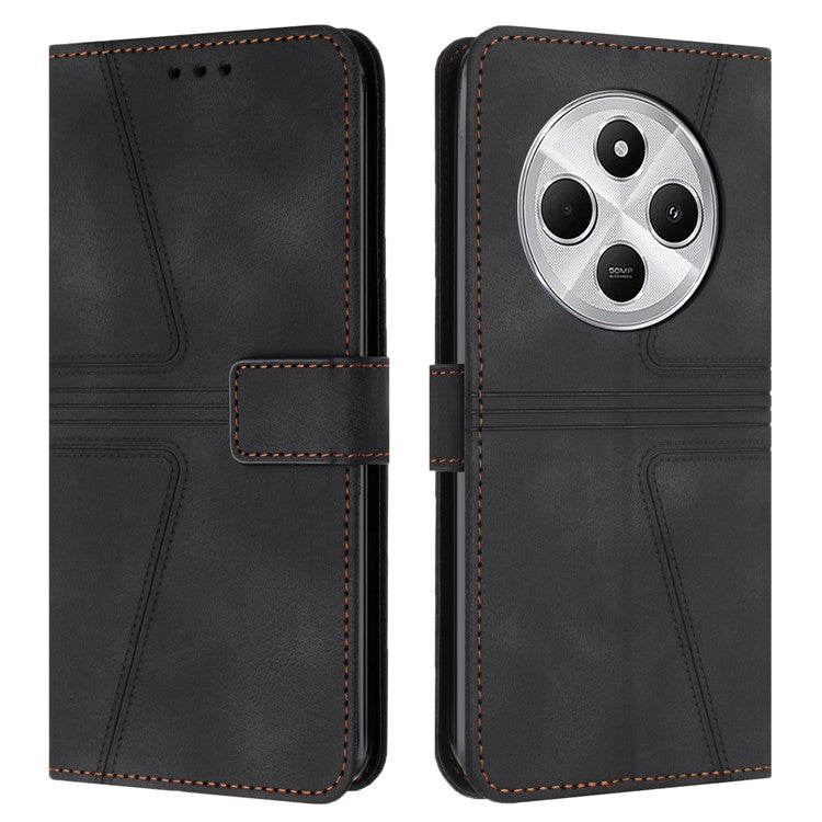 For Xiaomi Poco C75 4G / Redmi 14R 5G / 14C 4G Case Triangle Imprinted Anti-Scratch Phone Wallet Cover - Black