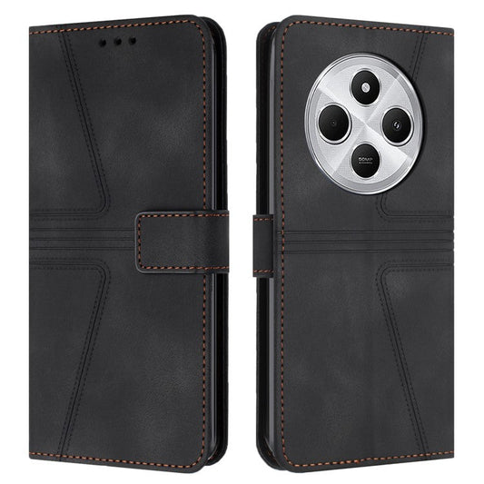 For Xiaomi Poco C75 4G / Redmi 14R 5G / 14C 4G Case Triangle Imprinted Anti-Scratch Phone Wallet Cover - Black